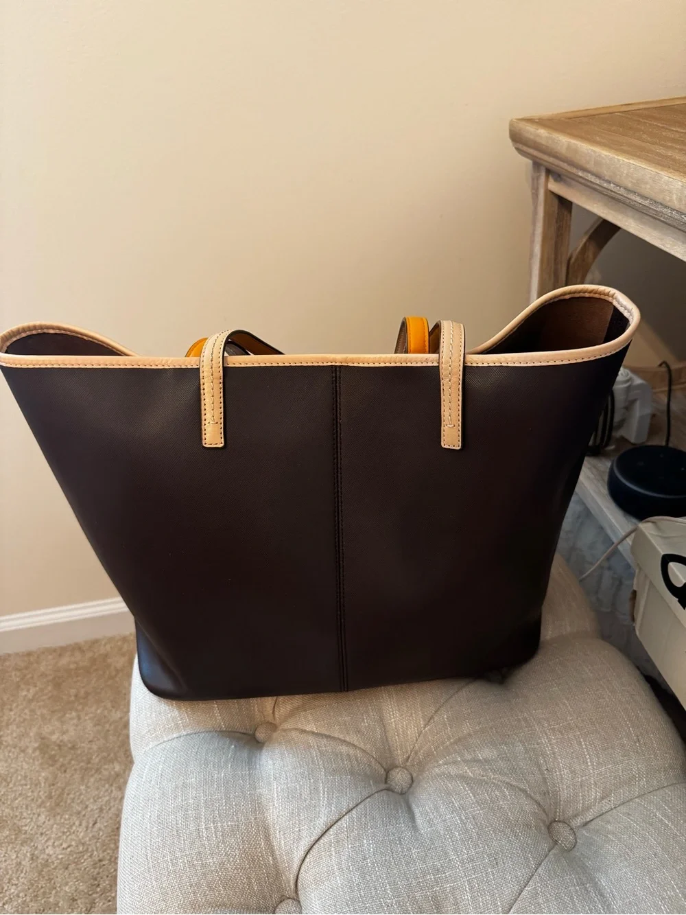Coach Dark Brown Tote with Orange Trim and Handles